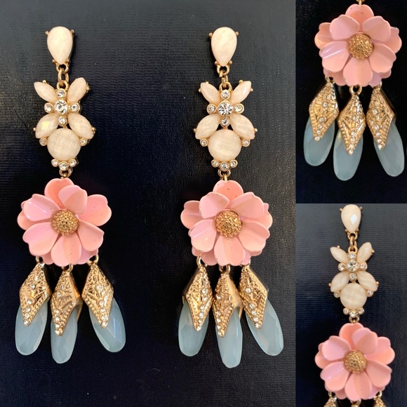 Pink Enamel Flower rhinestone Dangle Earrings chandelier 3” Tole Metal Flowers - Picture 1 of 10